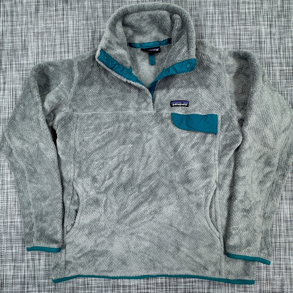 Patagonia Womens Large Re-Tool Snap-T Polartec Fleece Pullover Gray Teal Pocket